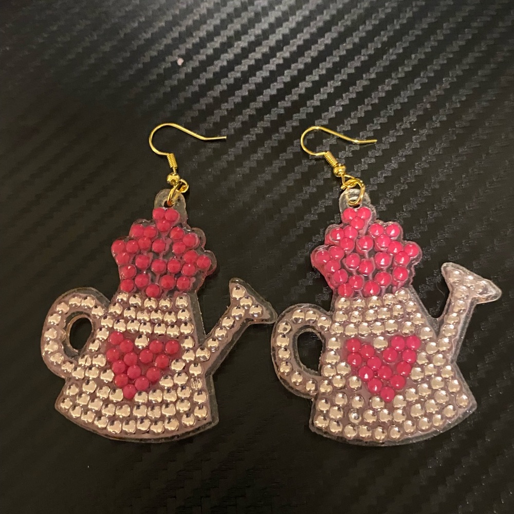 Hand made diamond art Pink and Silver Watering Can Earrings